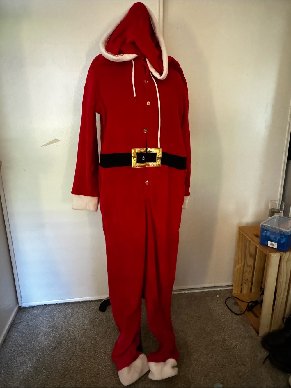 Amazon Red Santa Hooded Adult Onesie with Black Belt and Gold Buckle
